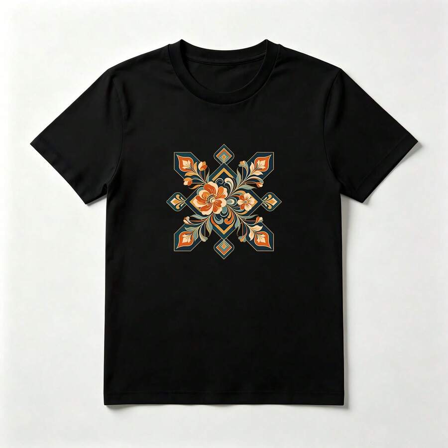 Flor Simétrica Playera de Algodón Negro Diseño Cruzado - Negro - Ver 1