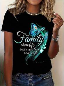 Women's Loose Fit Crew Neck T-Shirt - Green Butterfly Art Print And Inspirational Family Quotes, Machine Washable, Casual Short Sleeve T-Shirt, Comfortable For Everyday Wear In All Seasons And Durable. - 黑色 - 查看 5
