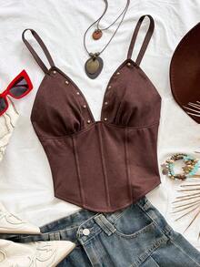 Camiseta sin mangas de punto rojo con escote en V y espalda cruzada, adecuada para citas, estilo bohemio, vacaciones, otoño, ropa de mujer, vintage, días festivos - Marrón 3 - Ver 7