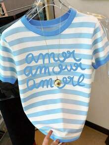Camiseta de mujer de manga corta, cuello redondo, estampado de letras y rayas, informal, para verano - Multicolor 6 - Ver 3