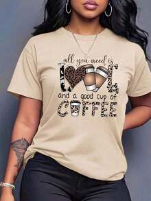 Camiseta Casual para Mujer con Estampado de Amante del Café, Manga Corta, Cuello Redondo, Poliéster con Detalles de Estampado de Leopardo, Top de Longitud Regular para Estilo Diario 6U8S - Albaricoque - Ver 2