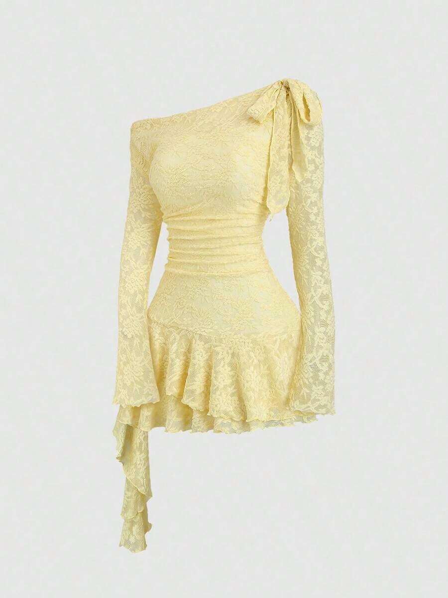 Sweetro Vestido asimétrico con hombro y bajo asimétricos, con encaje, estilo Y2K sexy - Amarillo - Ver 1