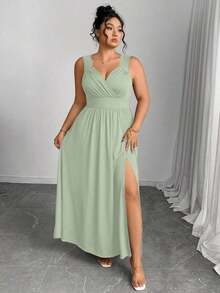 Elenzya Vestido línea A con cuello en V, contraste de encaje, tirantes finos y abertura para tallas grandes - verde menta - Ver 6