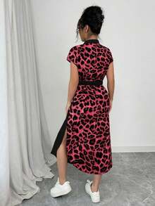 Vestido largo de manga corta para verano 2025, nuevo, con bolsillo, abertura lateral, cinturón y lazo, estampado de leopardo, para uso casual y de viaje - Rojo 2 - Ver 2