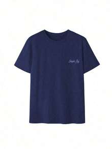 Set de 3 camisetas de manga corta con cuello redondo y estampado floral minimalista y elegante de verano, versátil para uso diario y casual para mujeres en color rosa - verde hierba, azul marino y albaricoque - Ver 5