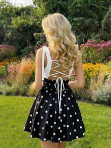 Vestido rosa romántico con espalda descubierta y lazo, adecuado para citas, fiestas, vacaciones, meriendas de té y ocasiones de cumpleaños - Negro - Ver 8