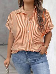Vionelle Blusa casual de talla grande para mujer con estampado de rayas azul y blanco, de manga corta y abotonada, para el verano - Naranja - Ver 7