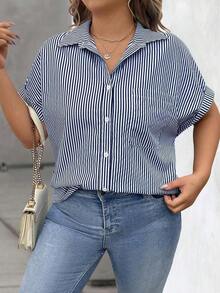 Vionelle Blusa casual de talla grande para mujer con estampado de rayas azul y blanco, de manga corta y abotonada, para el verano - Azul marino - Ver 4