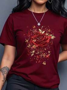 Camiseta de manga corta con cuello redondo, estampado de flores de rosa y mariposas, de estilo casual para mujer, para verano - Rojo 2 - Ver 7
