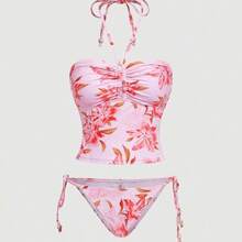 MOD 2pcs/Set Halter Neck Ruffled Floral Print Top With Side Tie Triangle Bottom Swimsuit,Tank Tops, Cute, Kawaii - Multicolor - Ver 6
