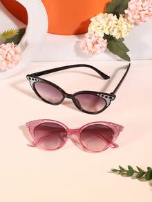 2 PCS Boy's And Girl's 4-9Y Retro Fun Cat Eye Fashion Glasses With Glitter Solid Color Polycarbonate Frame Soft Tinted Lenses Lightweight Suitable For Vacation Parties With Glasses Box - Multicolor - View 8