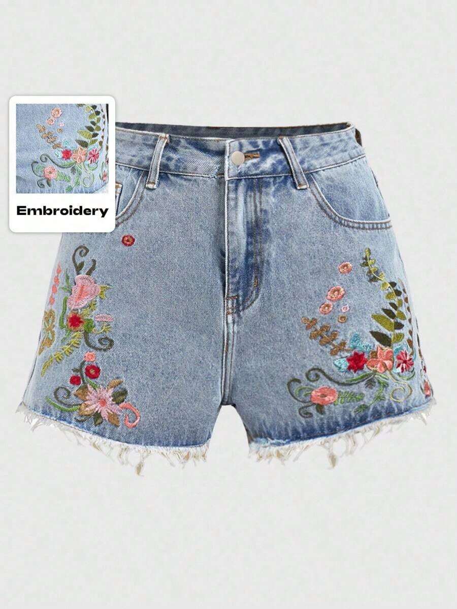 Fairycore Shorts vaqueros de mujer con bordado floral y bajo deshilachado, para la escuela - Celeste - Ver 1