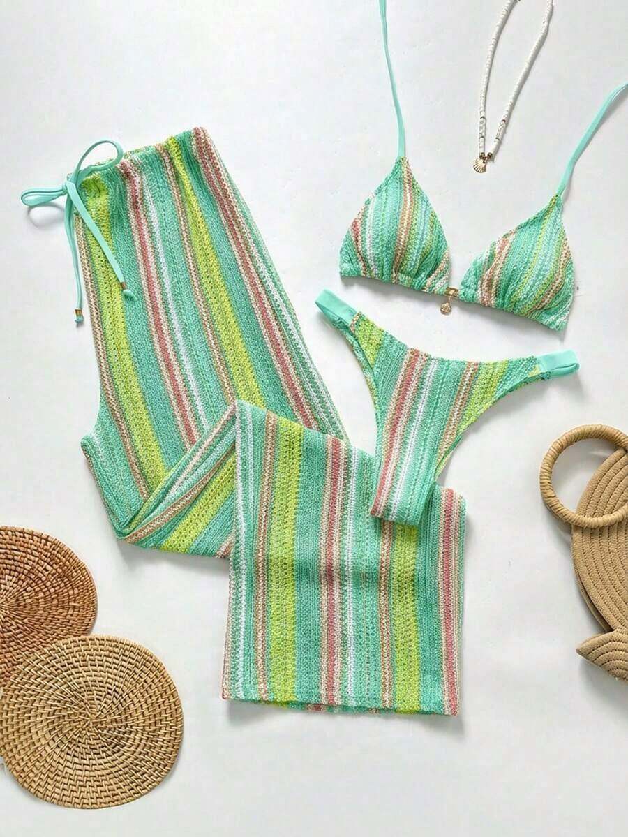 Swim Chiccia Conjunto de bikini a rayas sexy para mujer con pantalones, nueva llegada de trajes de baño para mujer 2026, adecuado para la escuela, vacaciones, citas, té de la tarde, estilo occidental, cruceros, playa, isla, viajes por carretera, todas las estaciones, festivales de música, vacaciones bohemias, vacaciones bohemias, otoño relajado, estilo occidental bohemio, blusas elegantes para mujer - Multicolor - Ver 1