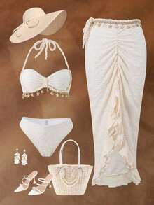 Conjunto de 3 piezas de traje de baño con decoración de tiras tejidas y textura de conchas para mujer, ideal para vacaciones en la playa - Albaricoque - Ver 4