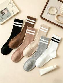 1/6 Pair [Random Delivery] Striped Mid-Calf Socks Unisex, Suitable For All Seasons, Retro College Style Versatile Breathable Comfortable Socks For Daily Commute - Multicolor - View 2