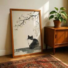 1幅无框日式樱花猫壁画，中性米色和黑色帆布印刷，侘寂美学家居装饰，适用于客厅和卧室 - A - 查看 11