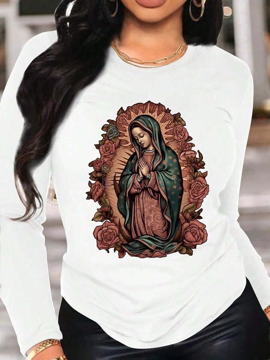 Autumn/Winter Collection: Women's Casual Long-Sleeve T-Shirt, Polyester Knit Fabric, With Virgin Mary Applique, Round Neck, Regular Length. Women's Printed Round Neck T-Shirt, 100% Cotton. - 白色 - 查看 1