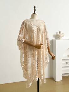 Women's Floral Lace V-Neck Kimono Cover-Up Sheer Mesh Long Bohemian Beach Vacation Robe Shawl Casual Everyday Wear Available In Multiple Colors One Size - Màu be - Xem 12
