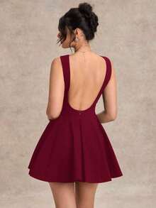 Vestido negro sólido, minimalista y sexy de corte evasé en tono burdeos para mujer, vestido para citas, vestido de dama de honor corto, vestido negro elegante para primavera/verano - Burdeos - Ver 2