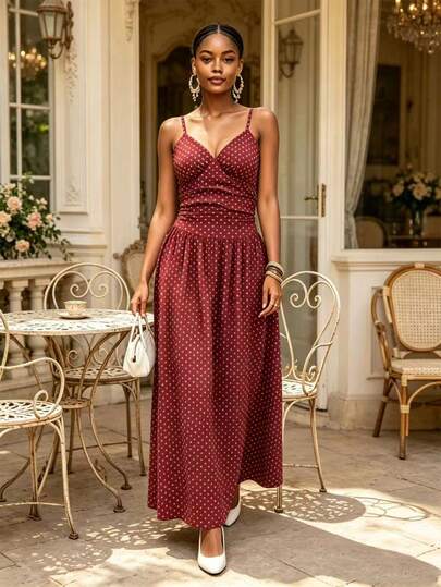 Vestido sin mangas con cuello en V para mujer, de tela tejida con elegante estampado de lunares, de estilo casual y ligeramente elástico