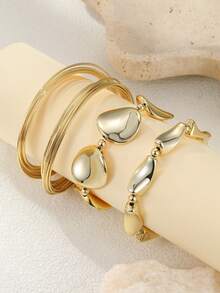 3pcs Asymmetrical Geometric Bangle Bracelet Set, Fashion Exaggerated Style Suitable For Daily Wear, Party, Gift, Jewelry (2 Bracelets Are Plastic Material) - Yellow Gold - View 4