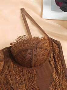1 pieza Parte superior corta ajustada con adorno de encaje para mujer, top corset ajustado y sexy, adecuado para fiesta, viaje, reunión, Navidad, San Valentín, verano casual negro - Marrón - Ver 6