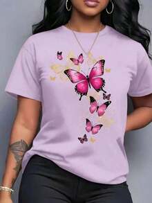 Playera camiseta gráfica dama mujer manga corta cuello redondo básica cómoda fresca ligera moderna juvenil estampado mariposas volando degradado - Lila Púrpura - Ver 1