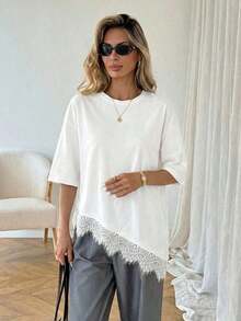 LUNE Women's Casual T-Shirt With Asymmetrical Lace Hem, Solid Color, Everyday Basics, Casual Spring/Summer Blouse For Women's Vacation, Summer Vacation For Women, Spring For Women, Spring Vacation, Beach Top - 白色的 - 查看 4