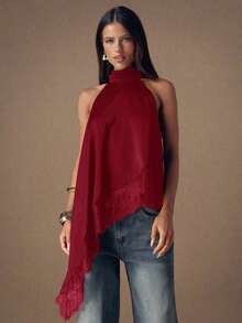 Top de satén con parches de encaje elegante sin espalda, blusa sexy de cuello halter sin mangas para fiestas, cócteles, ocasiones formales, Navidad y casual de negocios - Burdeos - Ver 6