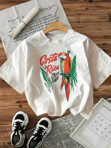 Short-Sleeved T-Shirt With Round Neck, Hand-Painted Style, With Parrot Leaf Print, Rich And Lettering - 白色 - View 1