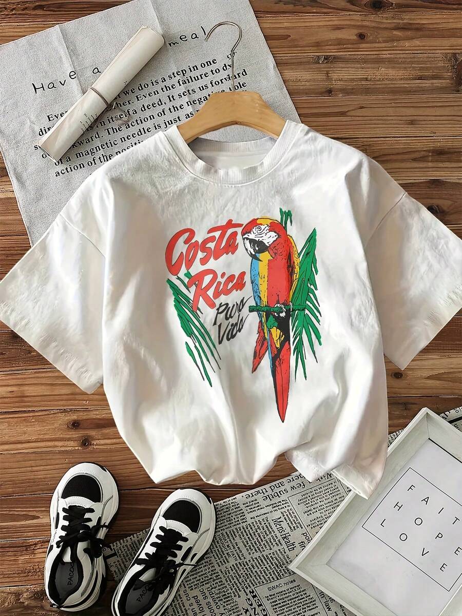 Short-Sleeved T-Shirt With Round Neck, Hand-Painted Style, With Parrot Leaf Print, Rich And Lettering - 白色 - View 1