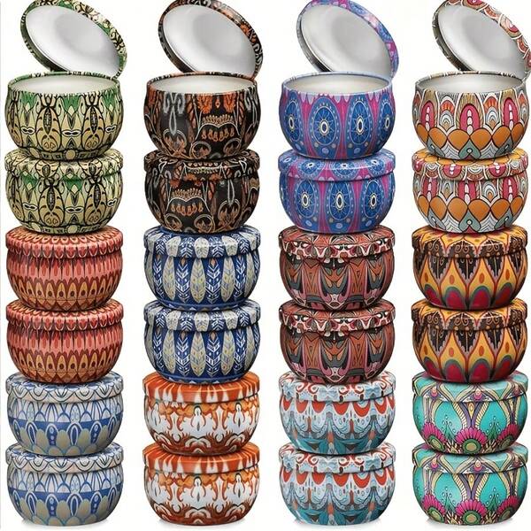 4pcs Bohemian Style Blank Metal Candle Tins (2.2oz) - Candle Tins For Candle Making, Home Decor And Storage - Perfect For Candle Lovers And Home Decor Enthusiasts - Also A Perfect Housewarming Or Birthday Gift