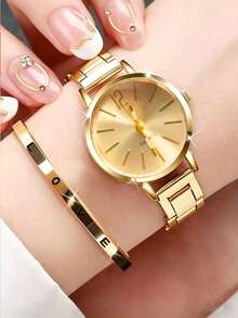 2 PIEZAS/1 PIEZA Opcional Conjunto de Reloj Minimalista Dorado para Mujer, Reloj de Pulsera con Esfera Dorada y Correa de Acero Combinado con Pulsera a Juego con Letra LOVE, Lujo Ligero Elegante, Suave & Exquisito, Regalo Perfecto para Novia, Mejor Amiga, Temporada de Graduación, Adecuado para Viajes al Trabajo y Ocasiones de Citas, Mostrando Elegancia Intelectual & Sofisticada. Caja de Regalo No Incluida - Dorado - Ver 6