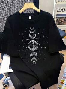 Camiseta Casual de Mujer con Estampado de Luna y Estrellas, Cuello Redondo, Tops para Mujer. Adecuado para atuendos de vacaciones de verano, estilo casual para días de descanso, estilo urbano; regalo para el Día de la Madre; regalo para mamá; camiseta de manga corta para graduación; atuendo para el regreso a clases; ceremonia de graduación; atuendo de verano para maestras en el campus. Adecuado para uso diario, zonas suburbanas, festivales, playas, fiestas, escuelas, festivales de música, vacaciones, desplazamientos y otras ocasiones. Camiseta esencial de manga corta, moderna y fresca - Negro - Ver 7