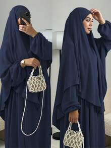 3件組 Khimar+Abaya 柔軟穆斯林祈禱服裝，長款 Abaya 配搭同色系頭巾，休閒外出必備時尚單品 (頭巾+洋裝+腰帶) 祈禱吉爾巴布 - 彩色 - 查看 16