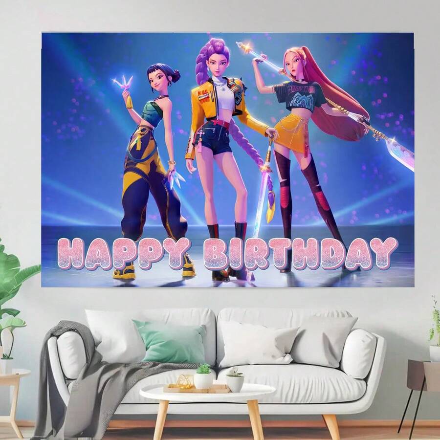 1 pieza Fondo de fotografía de cumpleaños K-Pop D-Emon H-Unters Suministros de decoración para fiestas [Los estilos se envían al azar.] - Multicolor - Ver 1