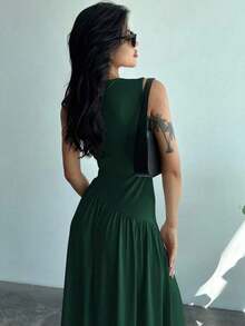 Vestido largo de mujer sin mangas, cuello redondo, cintura fruncida, unicolor, estilo minimalista - Verde Oscuro - Ver 2