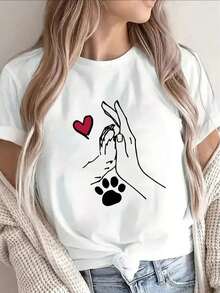 Women's Clothing: Lightweight T-Shirt With Dog Paw Prints And Hearts, Perfect For Casual Outings, Lounging At Home, Or Pet Lover Gatherings. Made From Soft, Breathable Fabric, It's Perfect For Everyday Wear. Women's Shirts - 白色 - 查看 6
