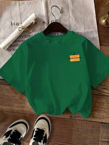 Women's Vintage T-Shirt [Double-Sided Print], Short-Sleeved, Round Neck, Casual Style, With The Brand "Champagne" And The Phrase "Champagne For Breakfast" Printed In A Yellow Rectangle On The Back, Machine Washable, Suitable For Casual Wear, Multi-Purpose Clothing, Fashionable T-Shirt, Comfortable Material, For Fashion Enthusiasts. - 綠色 - 查看 3