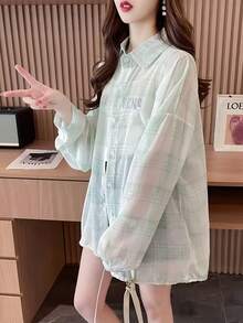 Plaid Long Sleeve Lightweight Loose Fit Casual Sunscreen Shirt For Women, Summer - Green - View 3