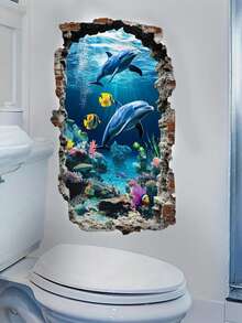 1pc Removable Dolphin & Ocean Scene Wall Sticker, Suitable For Bathroom Wall Decor - A - View 8