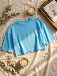 Blusa de mujer de cuello redondo, manga corta, holgada y casual, adecuada para primavera y verano, con estilo minimalista, elegante y sexy Y2K, versátil para el trabajo, el hogar y salir - Azul - Ver 2
