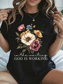 Women's T-Shirt With Easter Bouquet Floral Print And Inspirational Phrase: "In Hope God Acts", White, Spring Summer Casual Clothing - 黑色 - 查看 1