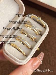 5pcs Elegant Cubic Zirconia Cross Open Copper Ring Set Suitable For Women Party Wear (Gift Box Not Included) - Yellow Gold - View 4