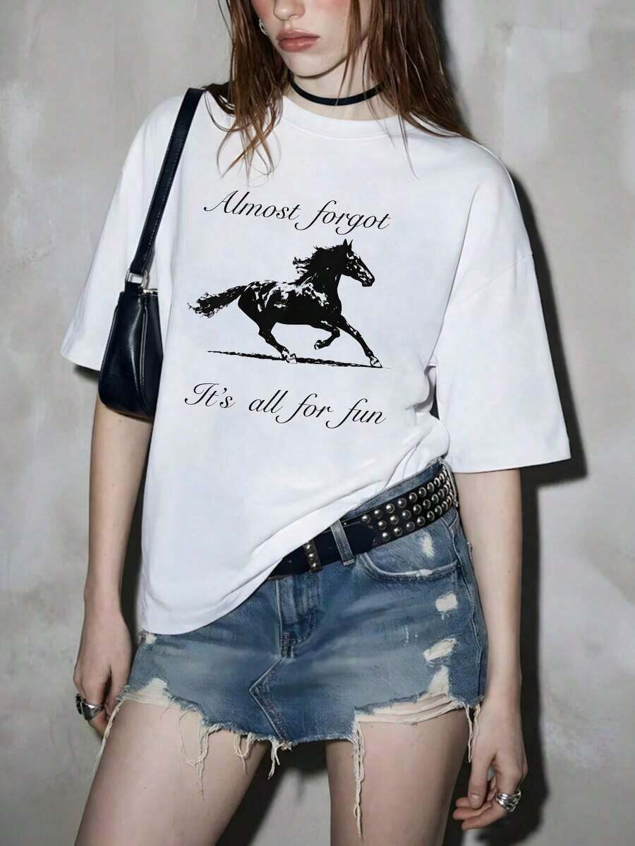Women's Clothing 1 Piece Short Sleeve Crew Neck T-Shirt With Graphic Print "Almost Forgot Horse It's All For Fun" For Women, Breathable Cotton, Ideal For Everyday Wear, Picnics, Family Gatherings, Summer Travel, And Festive Occasions. New For 2026, Gift For Men, Suitable For Women's Shirts - 白色 - 查看 1