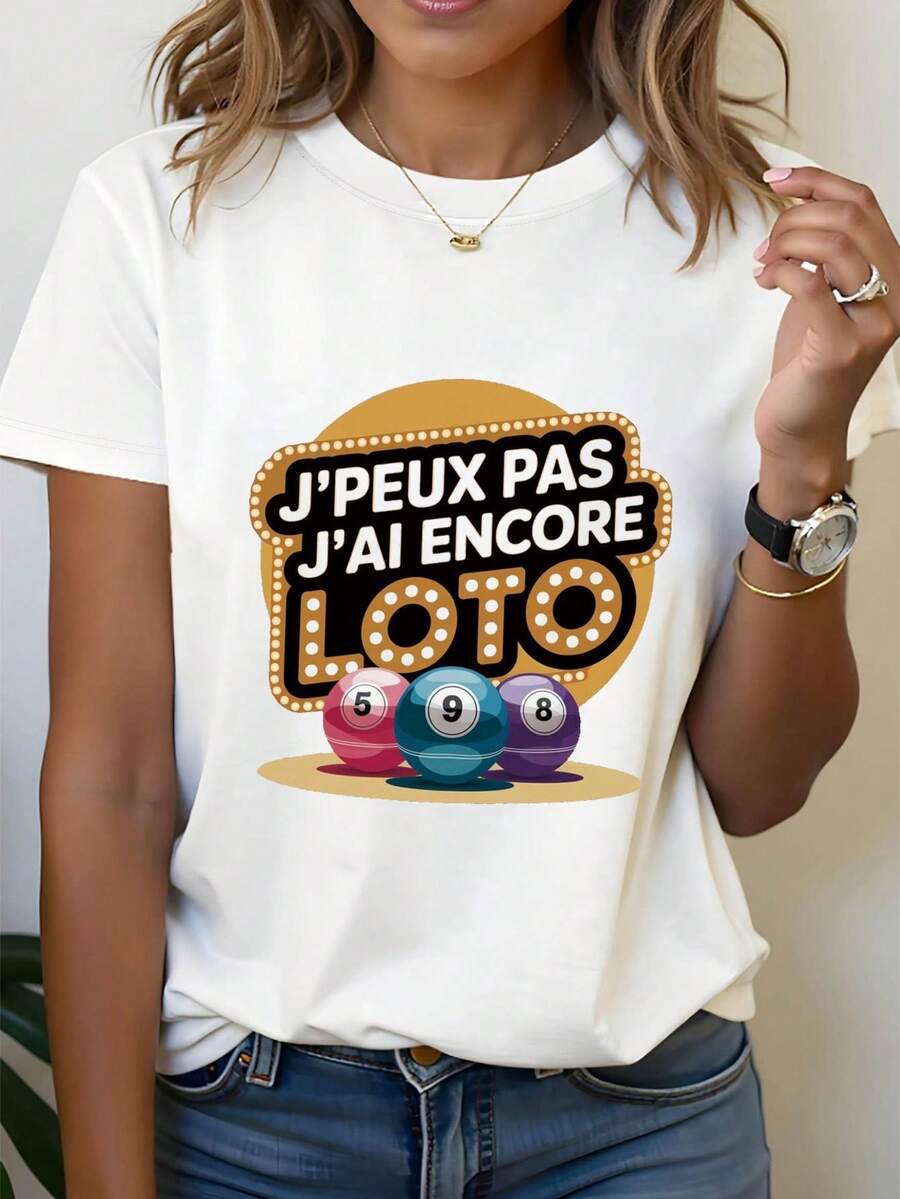 Camiseta de Mujer J'PEUX PAS J' Encore LOTO - Estampado de Boleto de Lotería Francesa, Manga Corta, Blusa Casual de Cuello Redondo para Looks de Primavera y Verano (Lavable aáquina) - Blanco - Ver 1