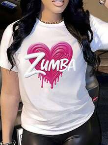 Women's Short Sleeve T-Shirt | Shipped From Mexico | High-Quality Breathable Fabric | Women's Loose-Fitting Short Sleeve Casual Sports Top In Black And White With Pink Heart Print And Zumba Dripping Design, Round Neck. - 白色 - 查看 6