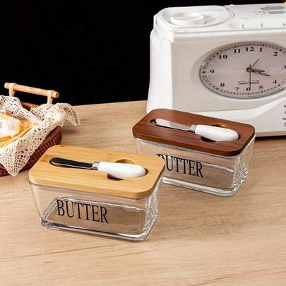 1pc Acacia Wood Lid Glass Butter Dish Set. Thick Glass Butter Container With Bamboo Lid For Home Kitchen, Large Butter/Cookie/Snack Storage, Suitable For Gifts, Christmas Present