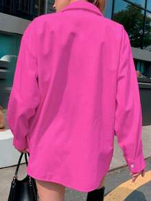 Camisa casual de manga larga, de corte holgado y de un solo abotonado con estampado de caballero para mujer - Rosa Fucsia - Ver 2