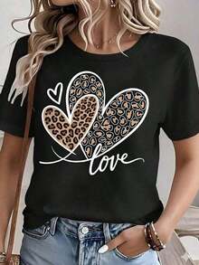 Women's White T-Shirt With Three Leopard Hearts, Short Sleeve T-Shirt With "Love" Slogan, Chic Animal Print Top, Casual Urban Fashion Blouse For Everyday Wear, Pretty Blouses, 100% Cotton - 黑色 - 查看 6